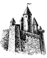 Ink black and white drawing of an ancient medieval castle