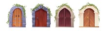 Antique Medieval Wooden Door With Handle, Arch And Ivy Plant. Entrance, Gate In A Castle, Church Or House.