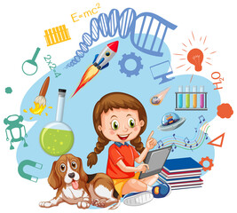 Wall Mural - Young girl using tablet with education objects