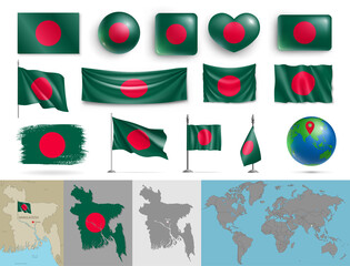 Wall Mural - bangladesh flags of various shapes and country map set. realistic bangladesh waving flags, glossy bu