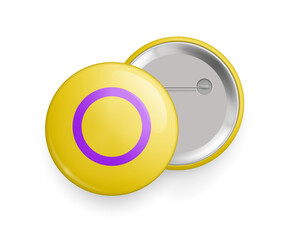Intersex pride flag round glossy metallic 3d badge. Lgbtq flag, official symbol of ontersex community or movement. Front and back side of pin button realistic vector illustration