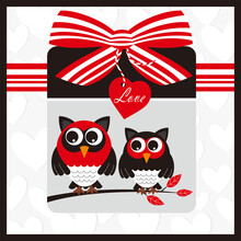 Couple Of Owls With Hearts For Valentine Or Wedding Card