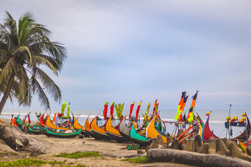 Fishing moon boat docked on a beach in Cox's Bazar Bangladesh