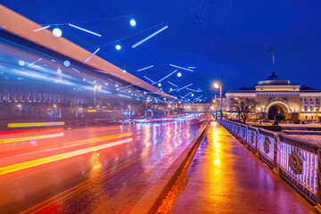 Wall Mural - Saint Petersburg winter. Russia Christmas. Palace Bridge with motion effect. Admiralty in Saint Petersburg. Christmas holidays in St. Petersburg. New year in Russia. Russian Federation