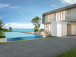 © terng99 - Luxury beach house with sea view swimming pool and big garden in modern design. Empty green grass lawn at vacation home. 3d illustration of contemporary holiday villa exterior.