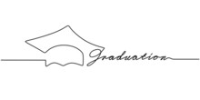 Continuous One Single Line Of Graduation Hat With Graduation Word Isolated On White Background.