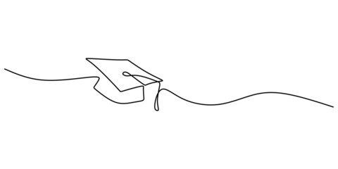 Continuous one single line of graduation hat isolated on white background.