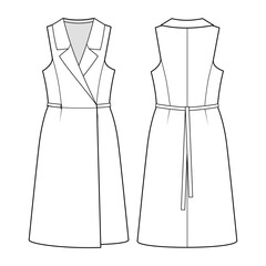 Fashion technical drawing of sleeveless wrap dress with collar 