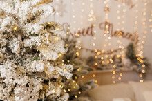 White Tree In The Interior Close Up. Beautiful Christmas Home Decor.