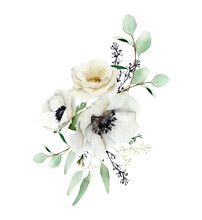Hand-drawn Floral Bouquet With White Anemone Flowers, Creamy Rose, Eucalyptus. Winter, Spring Arrangement For Greeting Cards Design, Wedding Invitations, Decor Isolated On White Background 