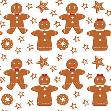 Gingerbread Men, Snowflakes And Stars. Seamless Patterns. Can Be Used For Wallpaper, Filling Web Page Backgrounds, Surface Textures