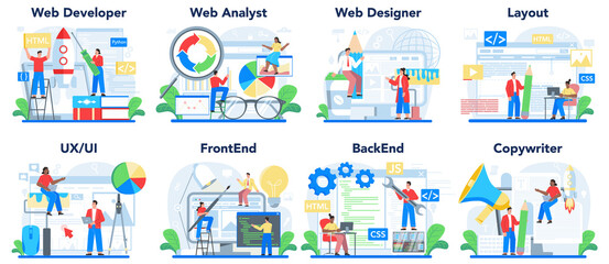 Web development concept set. Creating and presenting content