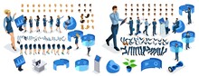Isometric Business Lady And Businessman With Gadgets. Create Your Character, A Set Of Emotions, Gestures Of Hands, Feet, Hairstyles. Set 3