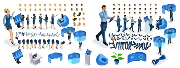 Wall Mural - isometric business lady and businessman with gadgets. create your character, a set of emotions, gest