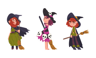 Sticker - Funny Girl Witch Wearing Pointed Hat Holding Broom Vector Set