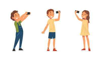 Wall Mural - Little Kid Holding Smartphone Having Video Call or Taking Selfie for Social Media Vector Set