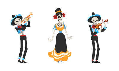 Canvas Print - Mexican Skeleton in Sombrero Hat Playing Musical Instrument and Dancing Vector Set