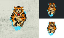 Big Tiger And Head Skull And Flames Blue Artwork Design Of Tattoo