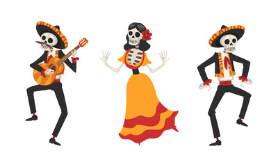 Wall Mural - Mexican Skeleton in Sombrero Hat Playing Musical Instrument and Dancing Vector Set