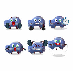 Sticker - A healthy blue car gummy candy cartoon style trying some tools on Fitness center