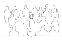 In Middle Of Crowd Of People,  Man Stands In Center And Looks At Viewer - One Line Drawing Vector. Concept Of Being Stranger, Hermit, Outsider, Oppositionist, Hero, Freethinker, Genius, Not Like All