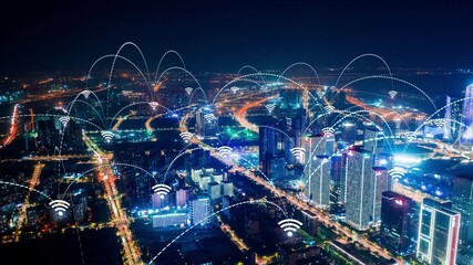 smart Connected city skyline. Futuristic network concept, city Technology.