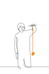 Wall Mural - guy plays with yo yo toy orange color - one line drawing vector. concept of adults playing children toys