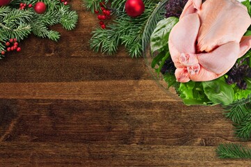 Sticker - Christmas Chicken or Turkey. Festive decorated wooden table for Christmas Dinner