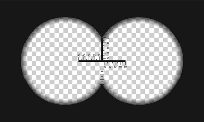 Binocular view with sight. Binocular with scope, lens and viewfinder for gun on battlefield. Periscope on transparent background. Telescope for hunting vision. Vector