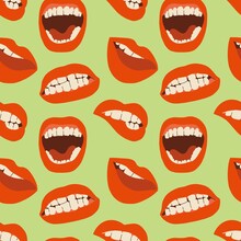 Different Mouths On A Green Background. Seamless Pattern. Hand Drawn Vector Illustration. Cartoon Style. Flat Design. Square Seamless Pattern. Background, Wallpaper.