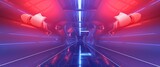 Fototapeta Do przedpokoju - Futuristic neon tunnel with blue and red lights. 3D illustration. Wallpaper in a cyberpunk style. Retro futuristic scene in a style of 80's.