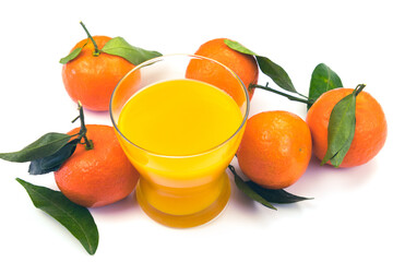 Wall Mural - fresh orange juice and clementines with leaves isolated on white background