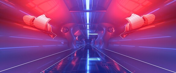 Futuristic neon tunnel with blue and red lights. 3D illustration. Wallpaper in a cyberpunk style. Retro futuristic scene in a style of 80's.