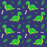 Fototapeta Dinusie - Seamless pattern with funny cartoon dinosaur. Cute print for children clothes, textile, nursery room decor. Baby background for fabric, postcard, wrapping paper, gift products, wallpaper