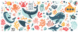 Fototapeta Fototapety na ścianę do pokoju dziecięcego - Big creative nautical clipart with marine inhabitants. Jellyfish, octopus, ramp, clown fish, crab, sea horse . Vector illustration