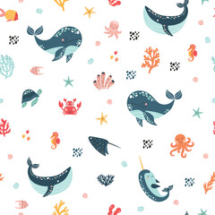 Canvas Print - Sea life cute vector pattern. Vector illustration for kids design, wallpaper, wrapping, textile, package design.