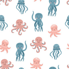 Canvas Print - Seamless vector pattern with cute octopus. Perfect for kids design, fabric, wrapping, wallpaper, textile, apparel