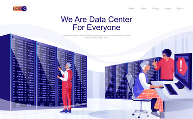 Poster - Data center concept isometric landing page. People work in hardware room racks, engineers maintain server room, database service, 3d web banner. Vector illustration in flat design for website template