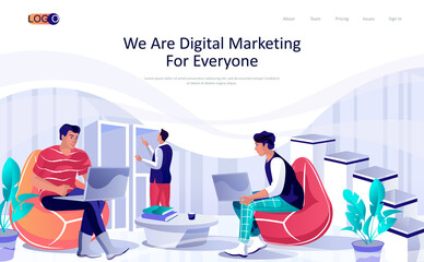 Digital marketing concept isometric landing page. People work on laptops, ad campaigns, online promotion in social networks, 3d web banner. Vector illustration in flat design for website template