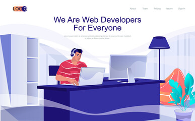 Web developers concept isometric landing page. Man creates software and programs, works at computer in office, 3d web banner with people scene. Vector illustration in flat design for website template
