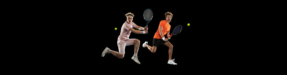 Wall Mural - Collage of two professional tennis players in motion, training, hitting ball in a jump isolated over black background