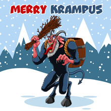 Angry Krampus Or Christmas Devil Cartoon Character. Vector Hand Drawn Illustration With Background And Text