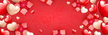 Red Greeting Card With Valentine's Day, Set Of Bright Hearts And Gift Boxes