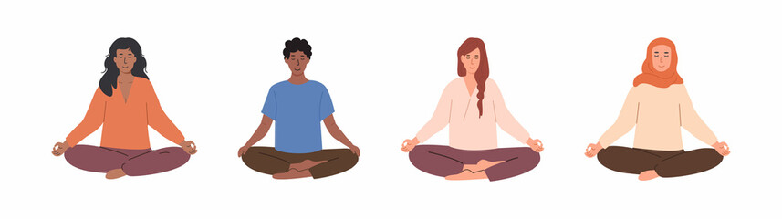 Set of diverse female and male people meditating and doing yoga breathing exercise. Woman and man practicing meditation. Vector illustration characters isolated on white background.