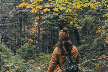 Sticker - Female hiker walking in the colorful forest in autumn