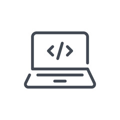Programming and coding line icon. Laptop with code symbol vector outline sign.