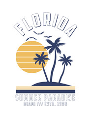 Florida, Miami t-shirt design with palm trees, sun and gull birds. Typography graphics for tee shirt with tropical palms. Apparel print with slogan. Vector illustration.