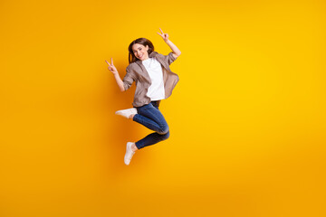 full size profile side photo of young cheerful girl jump rejoice victory success fists hands isolate