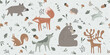 Set animals in the forest. Bear, deer, fox, hare, wolf, squirrel, boar and hedgehog. Nordic style forest for kids. Cute art for kids. Woodland creatures.