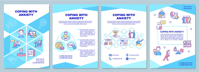 Coping with anxiety blue brochure template. Health mindset. Booklet print design with linear icons. Vector layouts for presentation, annual reports, ads. Arial-Black, Myriad Pro-Regular fonts used